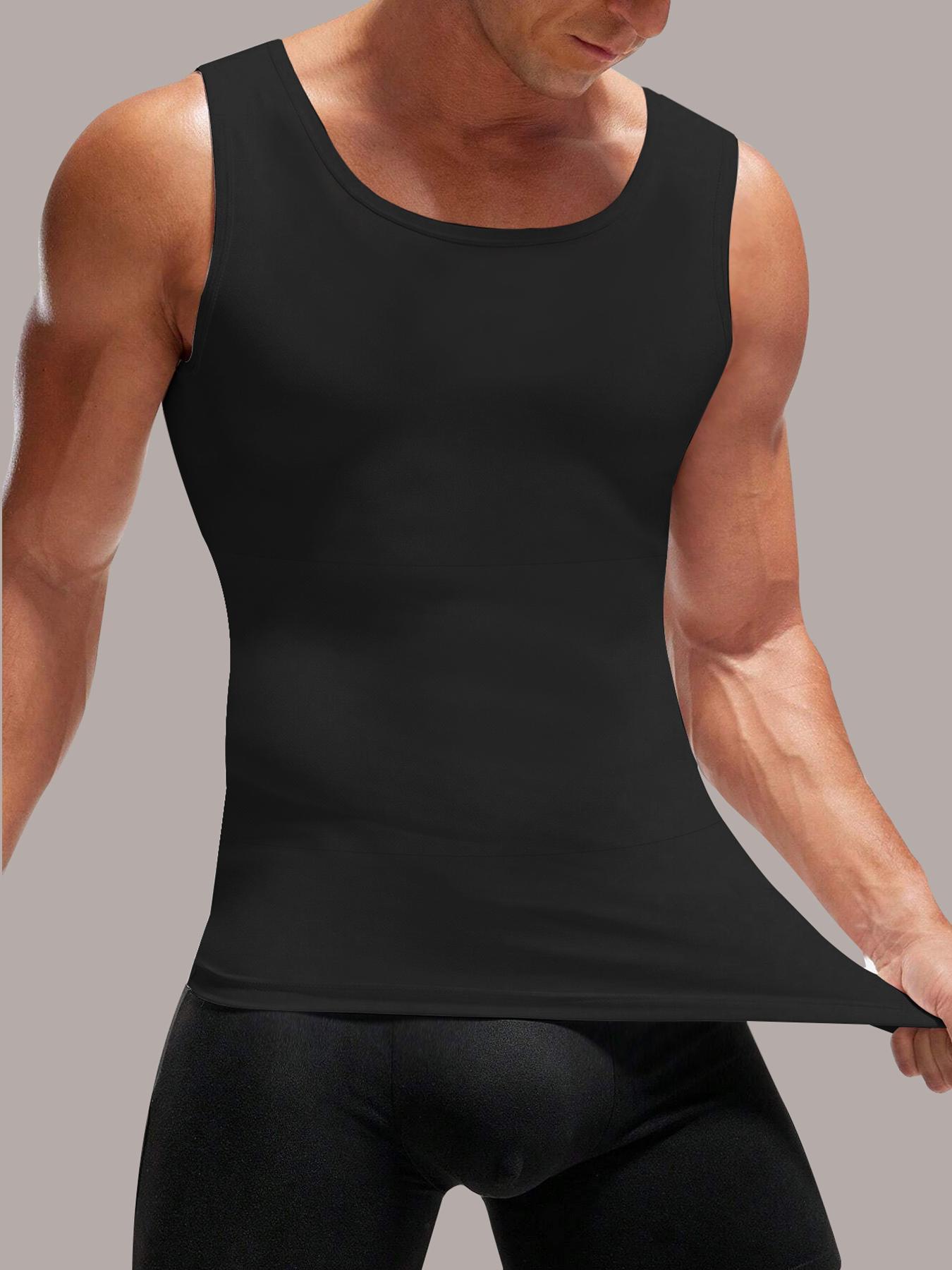 Men's Solid Round Neck Compression Shapewear Sleeveless Tank Top, High Stretch Tummy Control Shapewear Top, Double Hem Fit Shaper for Men