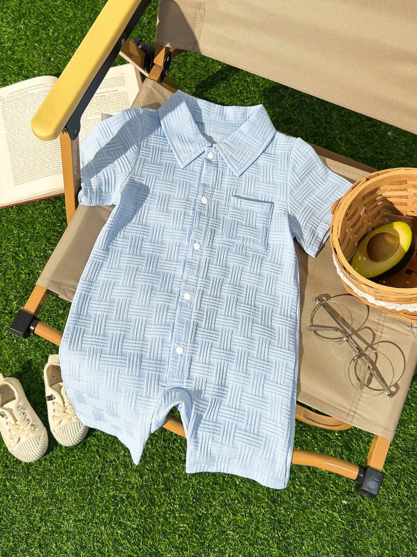 Boys' Summer Casual Pure Blue Short Sleeve Romper, Toddler Romper, Infant Outdoor Wear, Comfortable and Stylish Baby Clothes, Baby Clothing, Perfect for Warm Weather