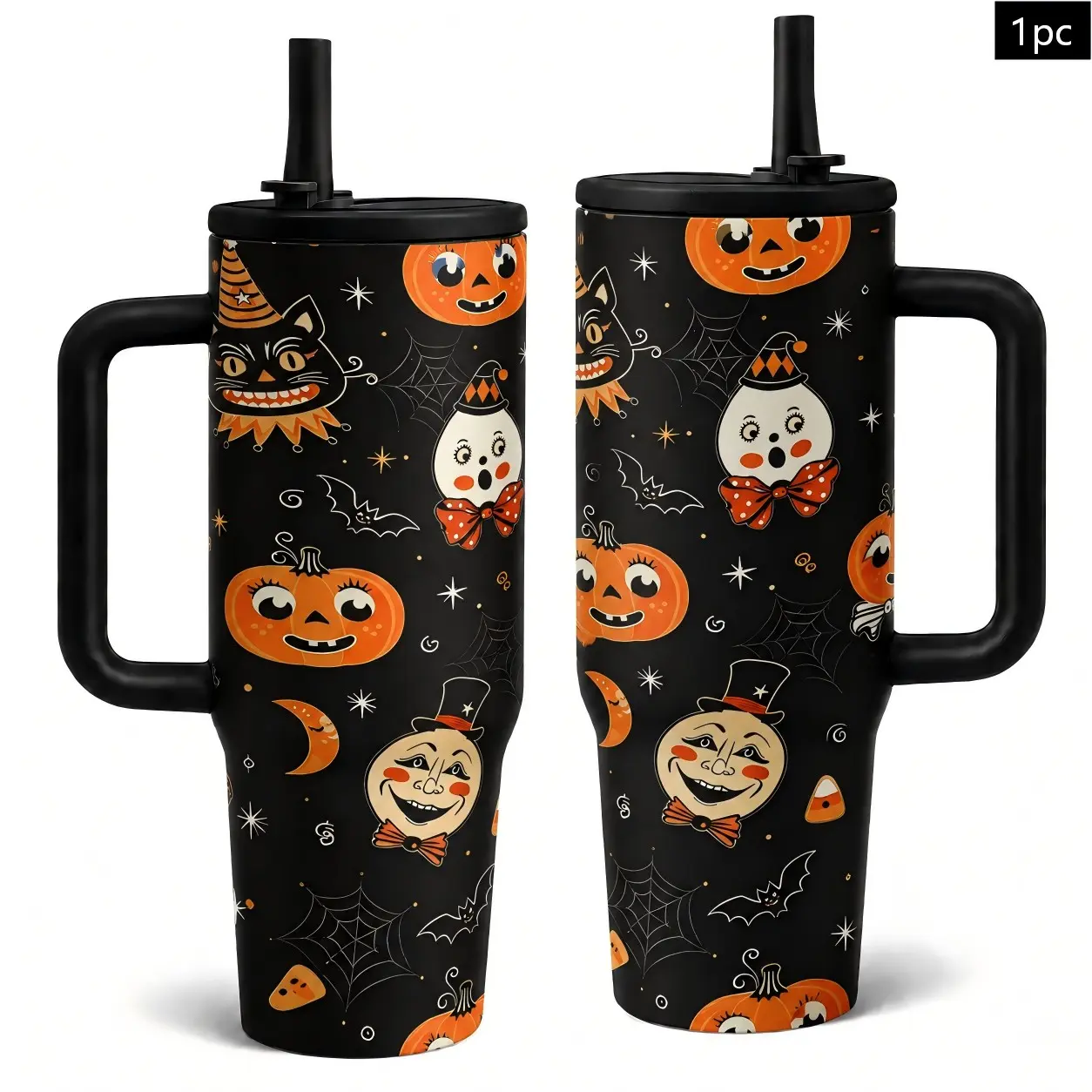 1PC 40oz Vintage Halloween Black Cat Pumpkin Ghost Pattern Insulated Tumbler with Handle & Straw, Double Wall Vacuum Leak-Proof Travel Mug, Hot 12H Cold 24H, Large Capacity Cup for Men Women, Halloween Birthday Gift