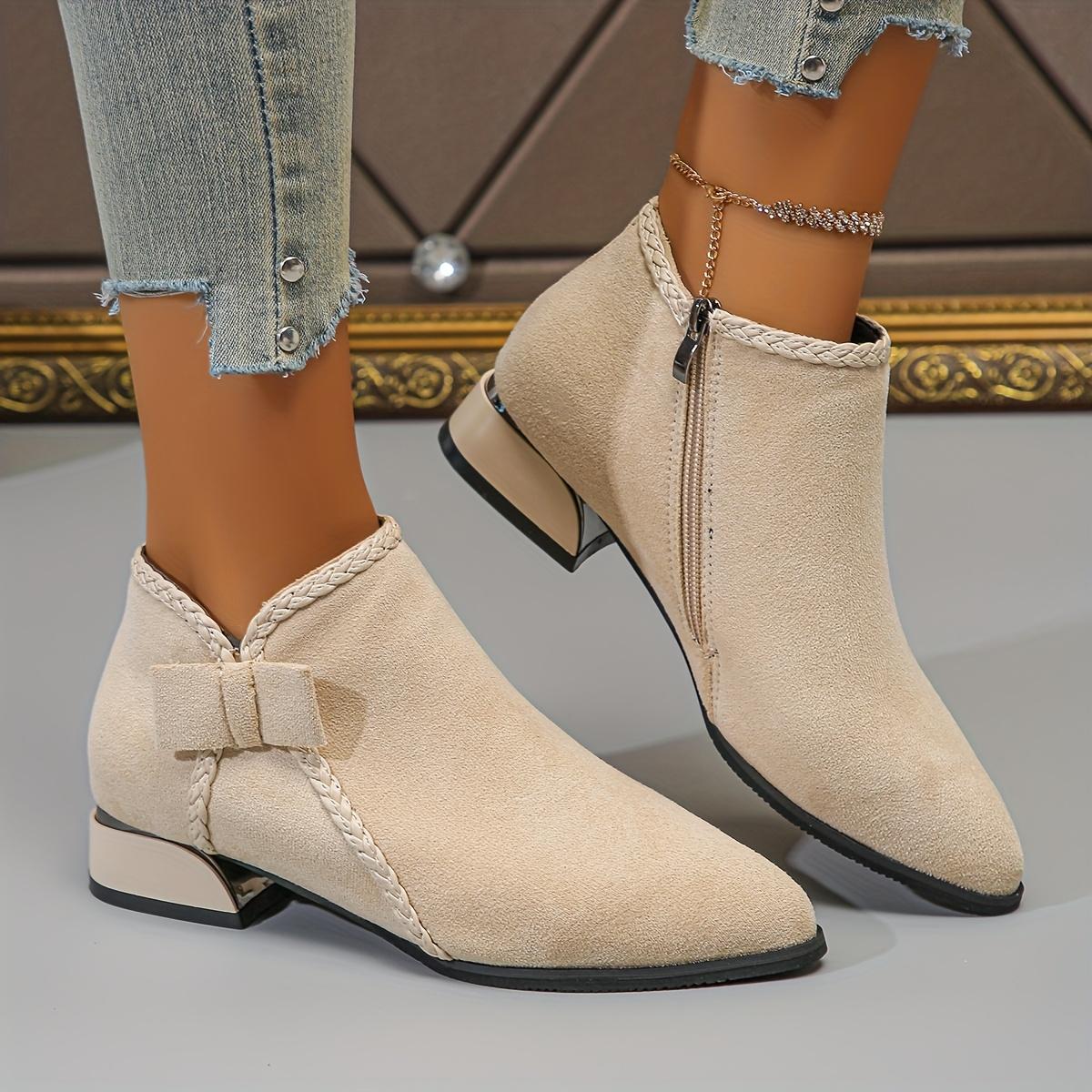 New Autumn/Winter Women's Mid-Heel Ankle Boots, Pointed Toe Single Boot with Bow, Fashionable and Versatile, Chunky Heel, Side Zipper, Women Shoes