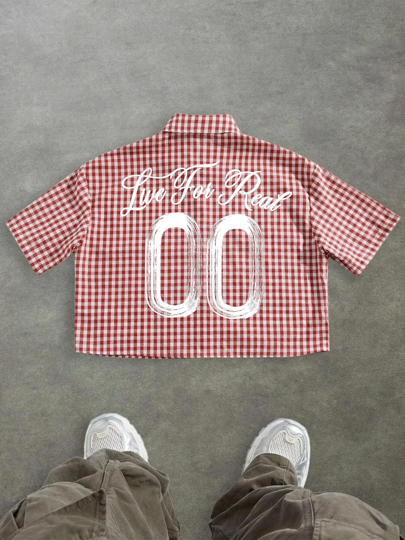 Unisex's Casual Fashion Gingham Street Checkered Graffiti Gothic Print Box-Fit Cropped Button-Up Shirt Men's Cropped Tops