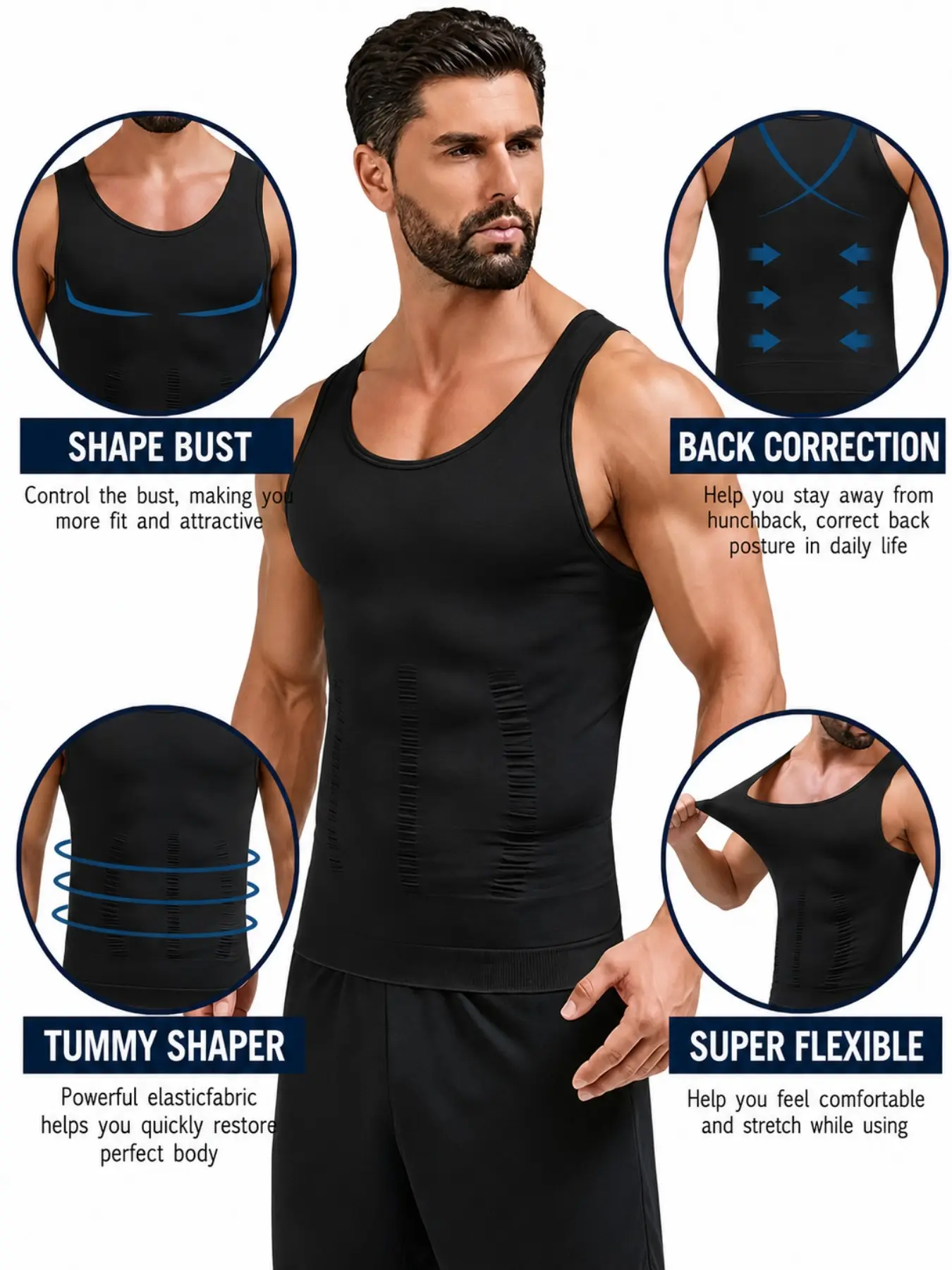 Men's Sleeveless Compression Base Layer Tank Corset, Body Shapewear Top, Workout Shapewear Compression, Chest & Abdomen Smoothing Vest, Tummy Control Waist Trainer, For Active Lifestyle