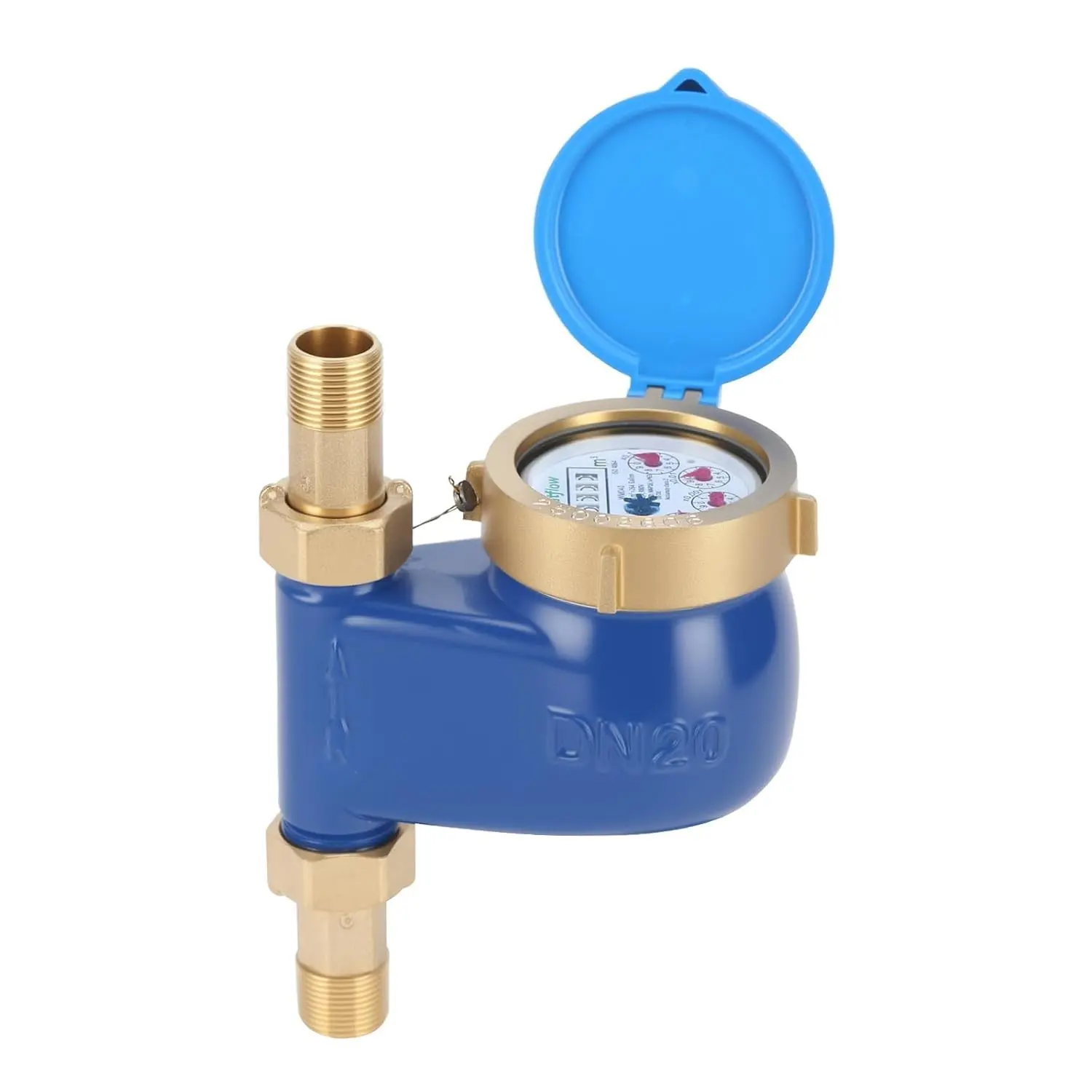 DN20 Vertical Water Meter with 3/4" NPT Couplings, Heavy Brass Cold Water Meter Measuring in Cubic,Water Meter with Pulse Output, ISO4064 Certification for Garden/Home/Apartment.
