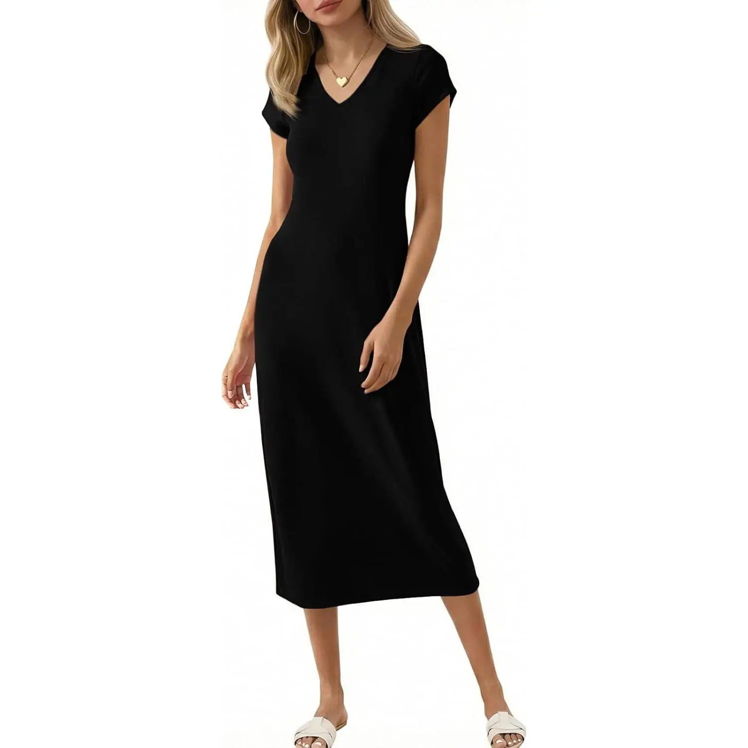 Women's Casual V-Neck T-Shirt Dress, Comfortable Short Sleeve Solid Summer Midi Dress with Stretchy Flattering Fit, Casual Wear, Shortsleeve, Cap, Straight, Lady, Slim, Jacket, Basic, Denim, Fabric, Statement, Style