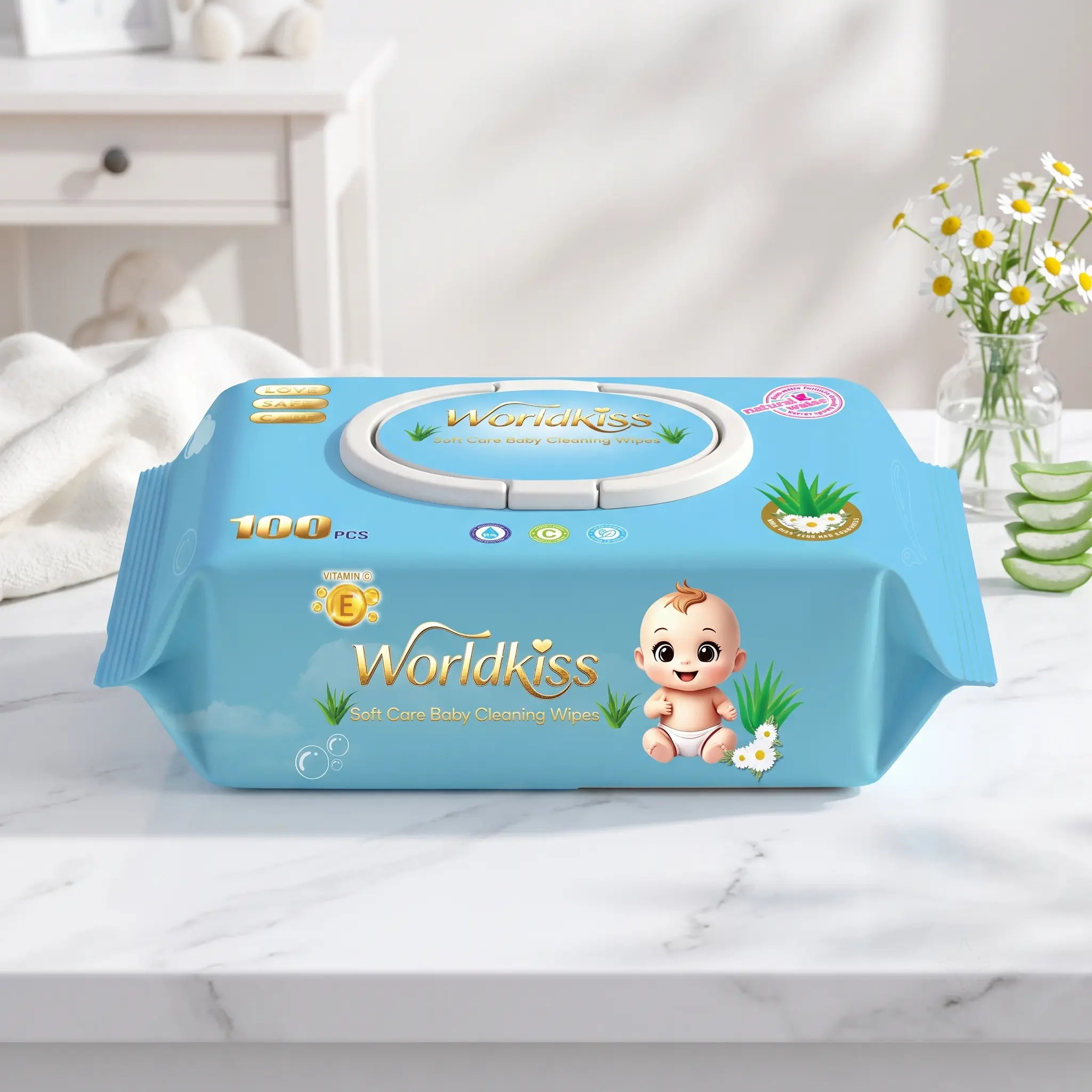 Worldkiss Baby Wipes 100 Count, Hypoallergenic Gentle Cleansing Wet Wipes with Aloe Vera & Vitamin E, Honeycomb Thick Fabric, Double Seal Lid, Large Size Disposable Wipes for Newborn Sensitive Skin, Diaper, Face, Hand, Toy Cleaning
