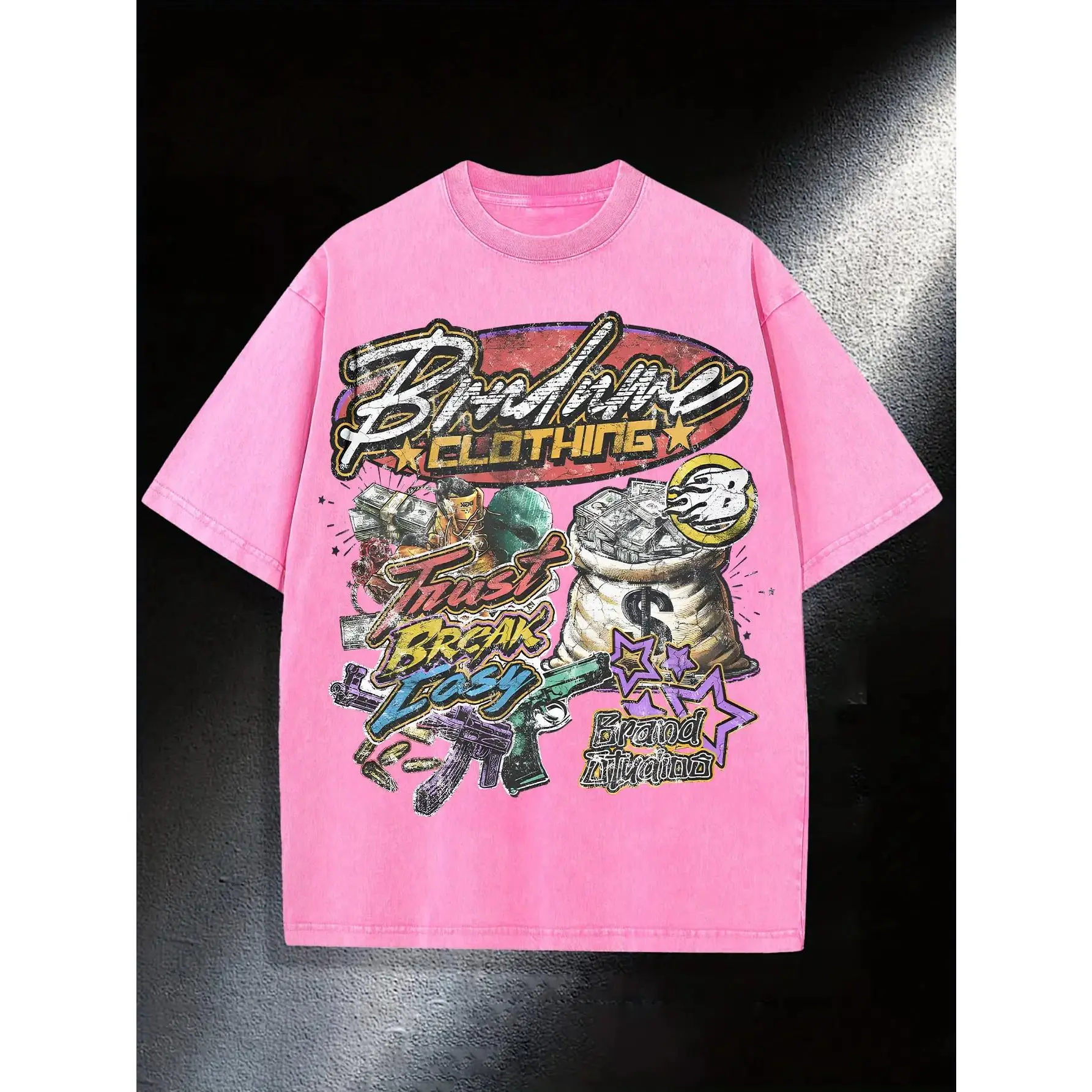 Retro Distressed Hot Pink Oversized T-Shirt Unisex Crew Neck Vintage Hustle Graffiti Money Bag Cash Star Graphic Casual Outdoor Urban Hip Hop Streetwear Loose Fit Simple Tee For Men & Women