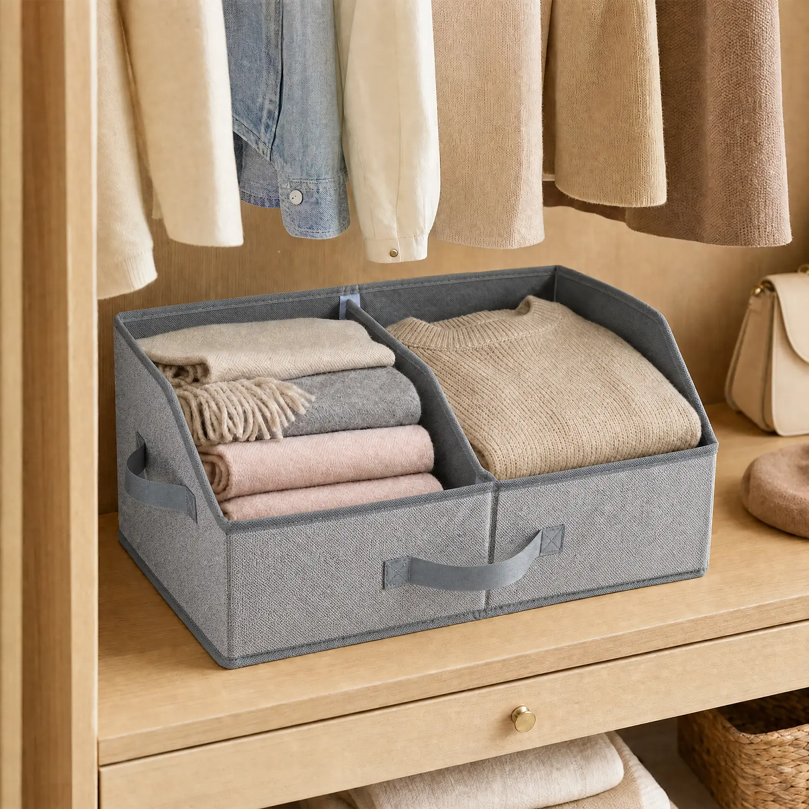 Collapsible Adjustable Divider Closet Storage Boxes with Compartments - 6 Pack Beige Non-Woven Organizer Bins with Handles, 16.5×11×7.9 in, Slide-Fit for Wardrobe, Household Home Organization