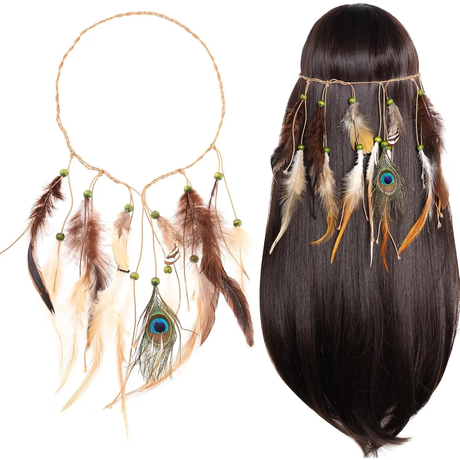 Indian Feather Headband Native American Tribal Costumes Head Dress with Feathers Women and Girls