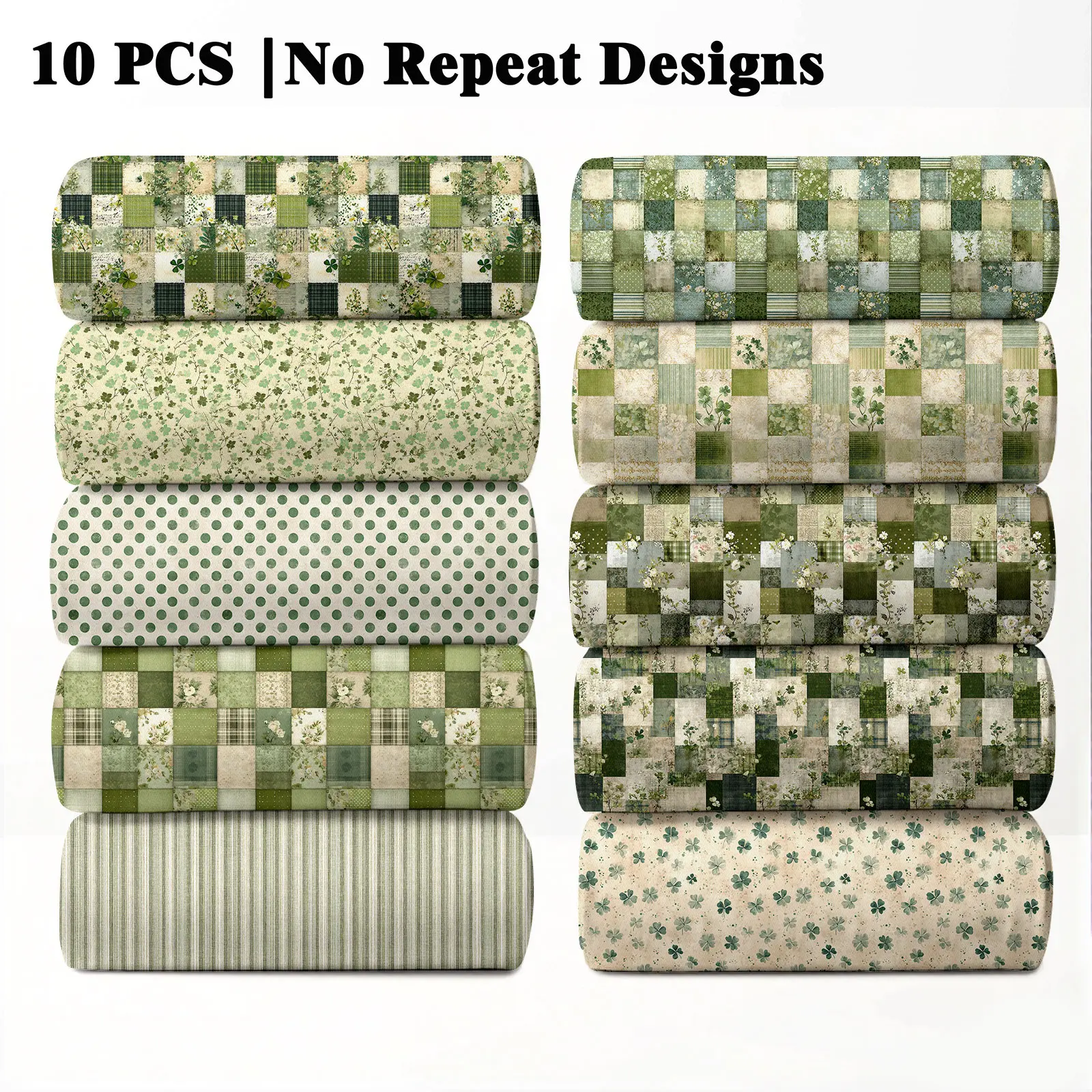 10PCS St Patrick's Day Quilted Print Fabric, 23x55cm (9x22in) Classic Holiday Theme Pattern Quilting Home Decor DIY