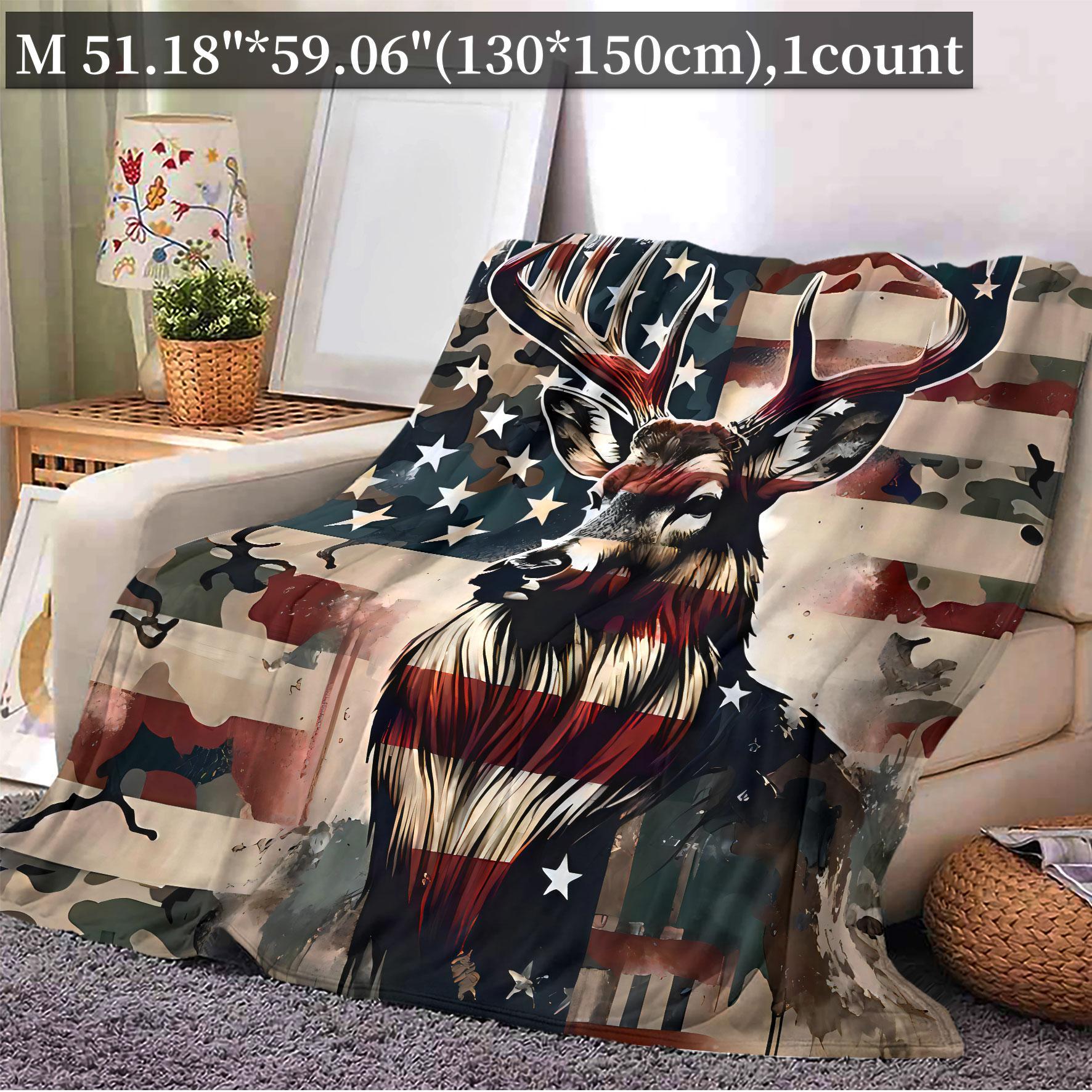 Deer & American Flag Pattern Blanket, 1 Count/2 Counts Soft Warm Throw Blanket, Air-conditioned Room Accessories Blanket for Home Office Travel Camping, Cozy Chic Blanket