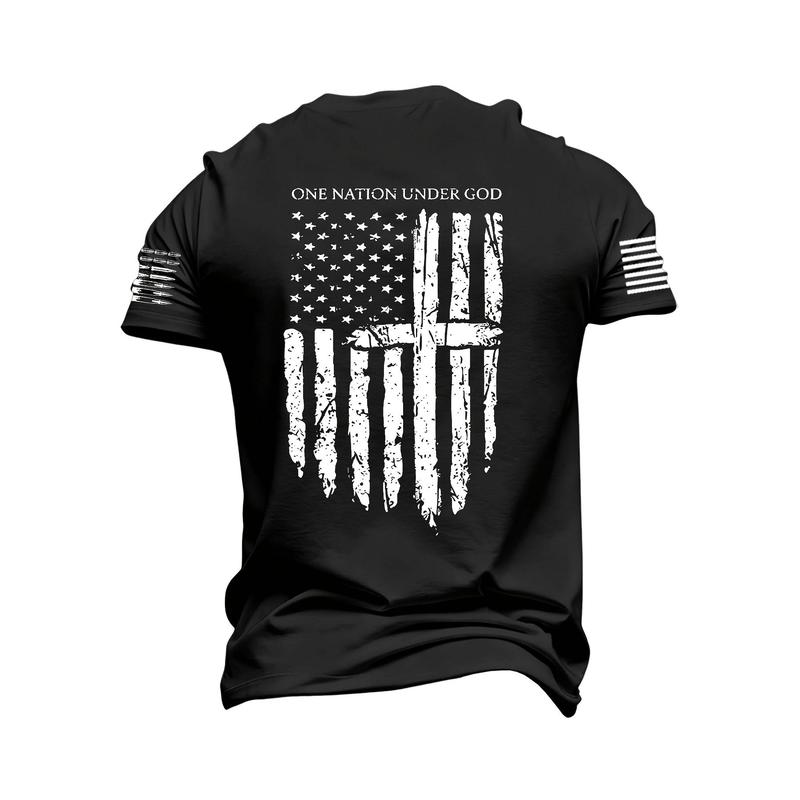 Men's Pure Cotton Crew Neck Short Sleeve T-Shirt - Distressed American Flag, Cross Sleeve Print, Patriotic Faith Casual Top