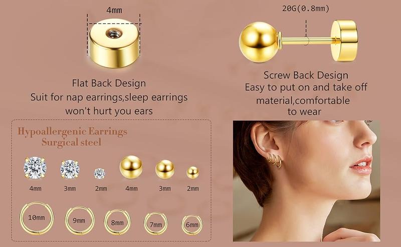 Exquisite 11Pairs Gold Stud Earrings Gold Small Hoop Earrings Set for Multiple pierced earrings Cubic Zirconia Hypoallergenic Steel Earrings Flat Back Cartilage Sleeper Earrings for Women
