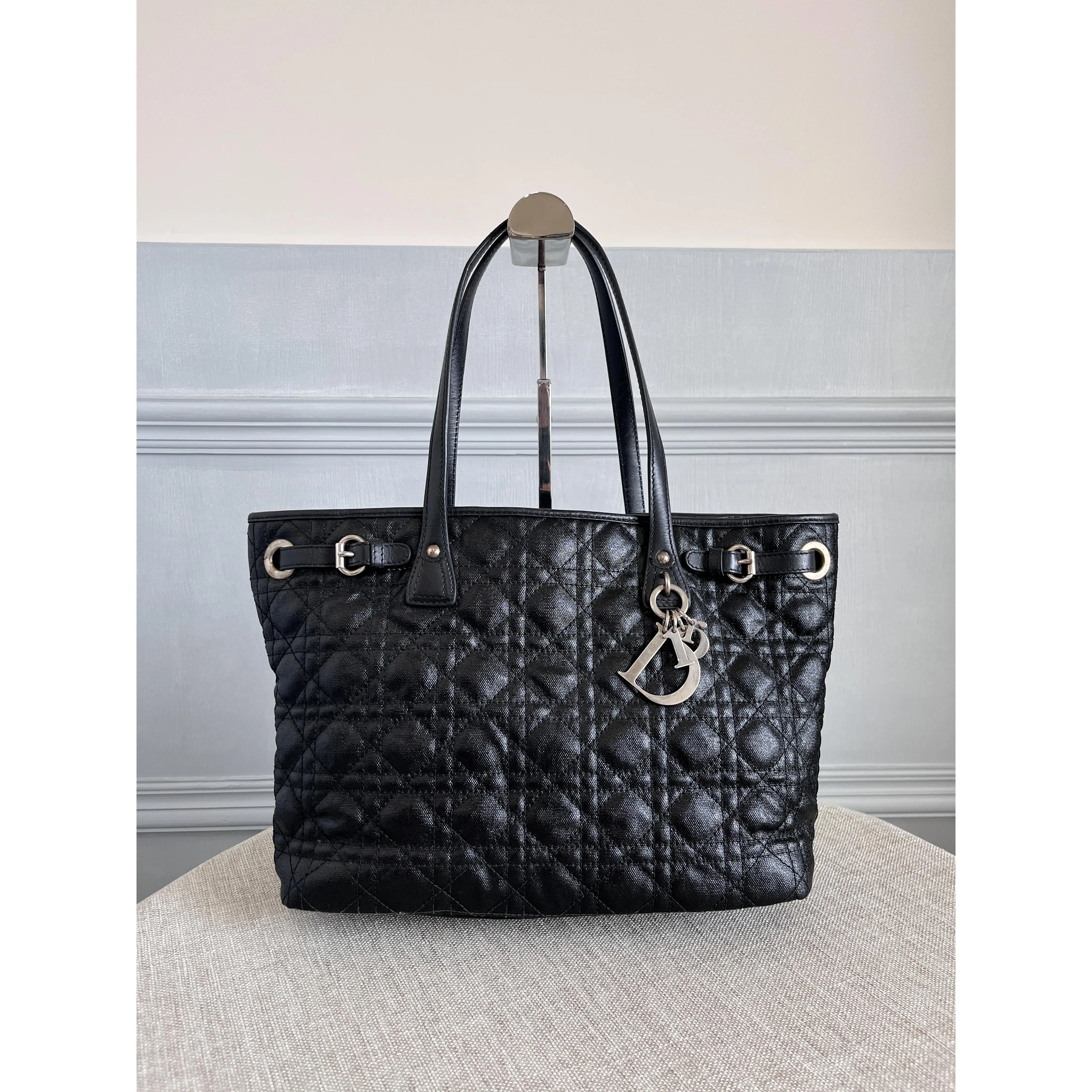 Pre-owned Dior Vintage Christian Small Black Cannage Quilted Coated Canvas Shopping Tote Bag Silver Hardware Charm Adjustable Buckle Top Handles COA