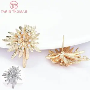 (7576) 4PCS 24x27MM 24K Gold Color Brass with Zircon Flower Shape Stud Earrings High Quality Diy Jewelry Findings Accessories