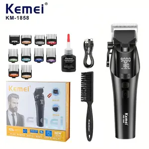 KEMEI-1858 Professional Hair Clipper, Cordless Rechargeable Clippers | 9000 RPM, 4-Speed Adjustable, 10 Guide Combs Included, LED Light, 360-Min Long Battery, DLC Sharp Blade, Ergonomic Design for Home & Barbershop Use