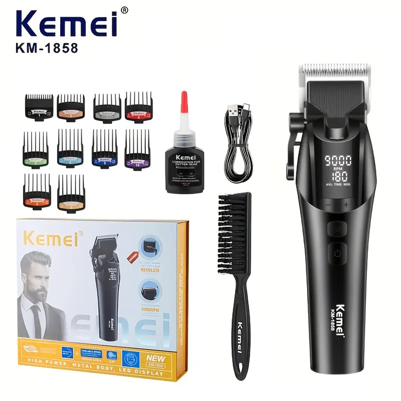 KEMEI-1858 Professional Hair Clipper, Cordless Rechargeable Clippers | 9000 RPM, 4-Speed Adjustable, 10 Guide Combs Included, LED Light, 360-Min Long Battery, DLC Sharp Blade, Ergonomic Design for Home & Barbershop Use
