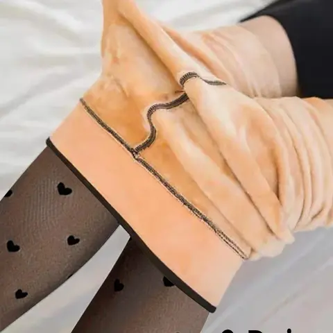 Women's Polka Dot & Heart Print Thermal Lined Tights, Casual Comfort Warm High Stretch Pantyhose for Daily Wear, Tights Show Leg Extension, Womenswear Tights for Fall & Winter