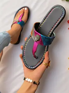 2026 New Colorblock Embellished Sandals for Women, Summer Outdoor Retro Eagle Head Rhinestone Flip Flops, Flat Soft Sole Beach Slippers