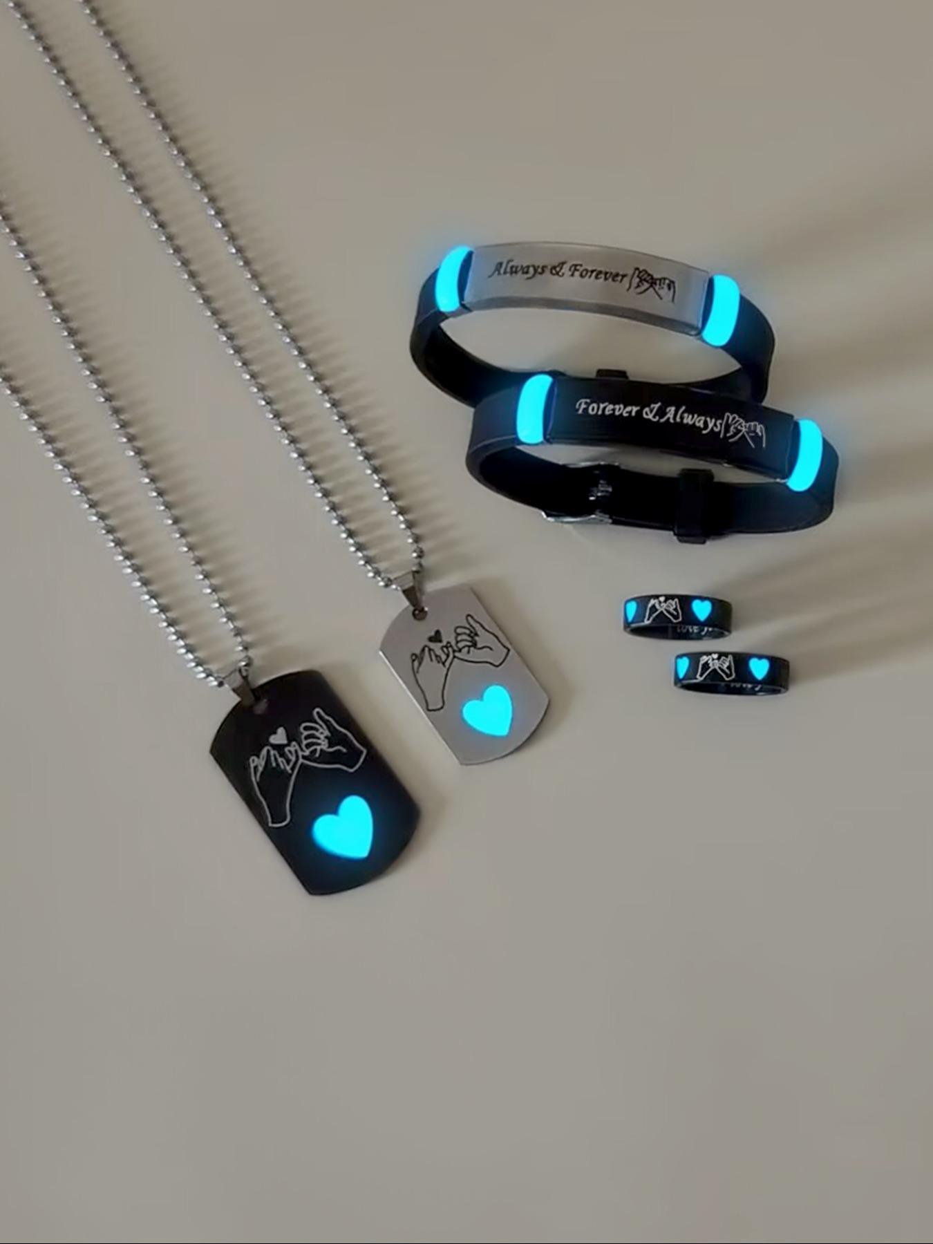 Heart Design Luminous Couple Pendants Necklace & Bracelet & Ring Set, Fashion Jewelry for Party, Daily Clothing Decor, Trendy All-match & Exquisite Jewelry for Birthday Gift, Fashionable Jewelry Set