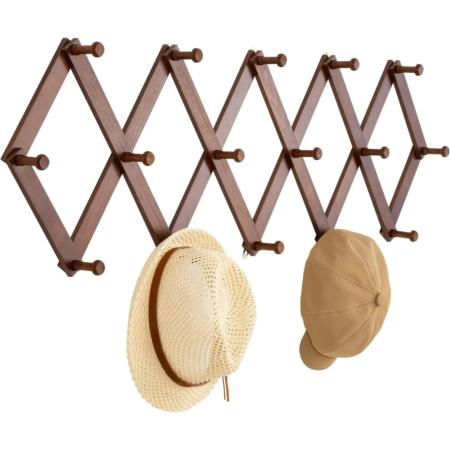 Accordion Wall Hanger, Wooden Hat Rack with 16 Hooks | Expandable Peg Hat Organizer, Decorative Coat Rack,  Baseball Caps, Bags, Scarves for Wall (Walnut)