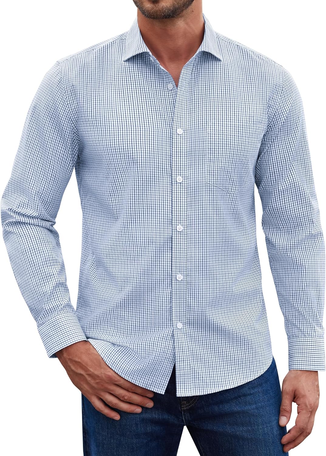 Men's Plaid Button Down Shirts Cotton Long Sleeve Dress Shirt Regular Fit Wrinkle Free Business Casual Gingham Top
