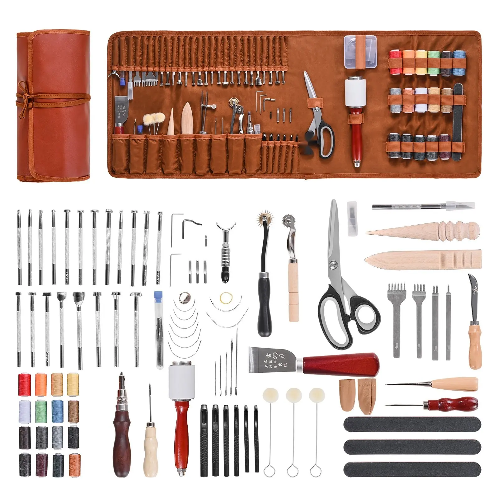 Leather Working Tools Kit: 92-Piece Engraving, Punching, Stamping, Sewing Set For Leather Craft With Cutting Tools, Mallet, Hole Punch, Leather Stitching Awl, Beveler, Needle, Thread, Ruler And Organizer