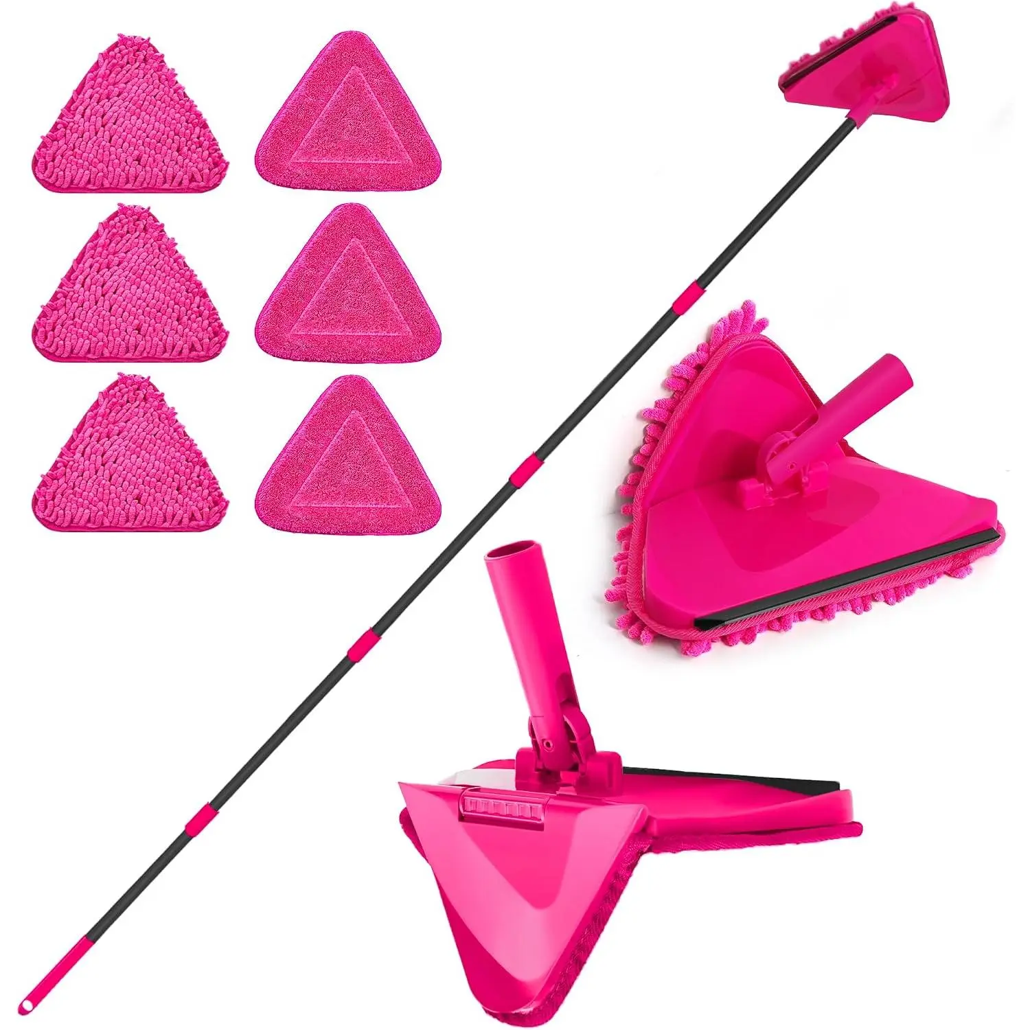 Wall Mop with Long Handle 80 inches, Upgraded 180° Collapsible Baseboard Cleaner Tool with , Ceiling Duster with 3 Microfiber and 3 Chenille Pads for Cleaning Window, Cabinet (Rose Red)