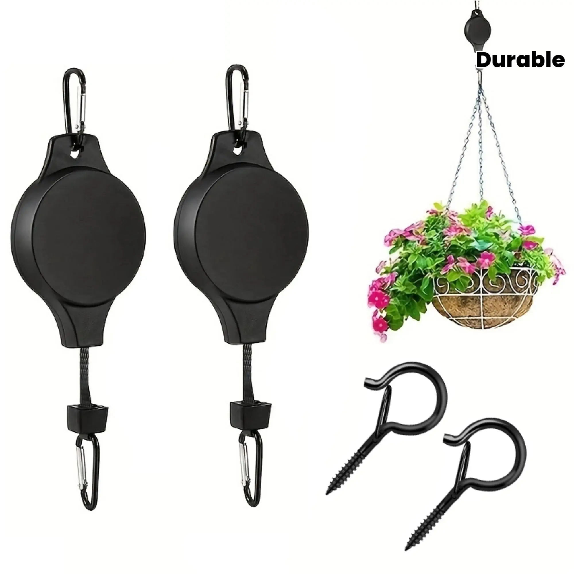 4pcs Heavy-Duty Adjustable Retractable Pulley Plant Hanger with Wheel System - Ceiling/Fence Hook Suitable for Indoor/Outdoor Hanging, for Garden Pots, Bird Feeders, Bird Cages, Balcony - Retractable Height Wheel for Hanging Plants