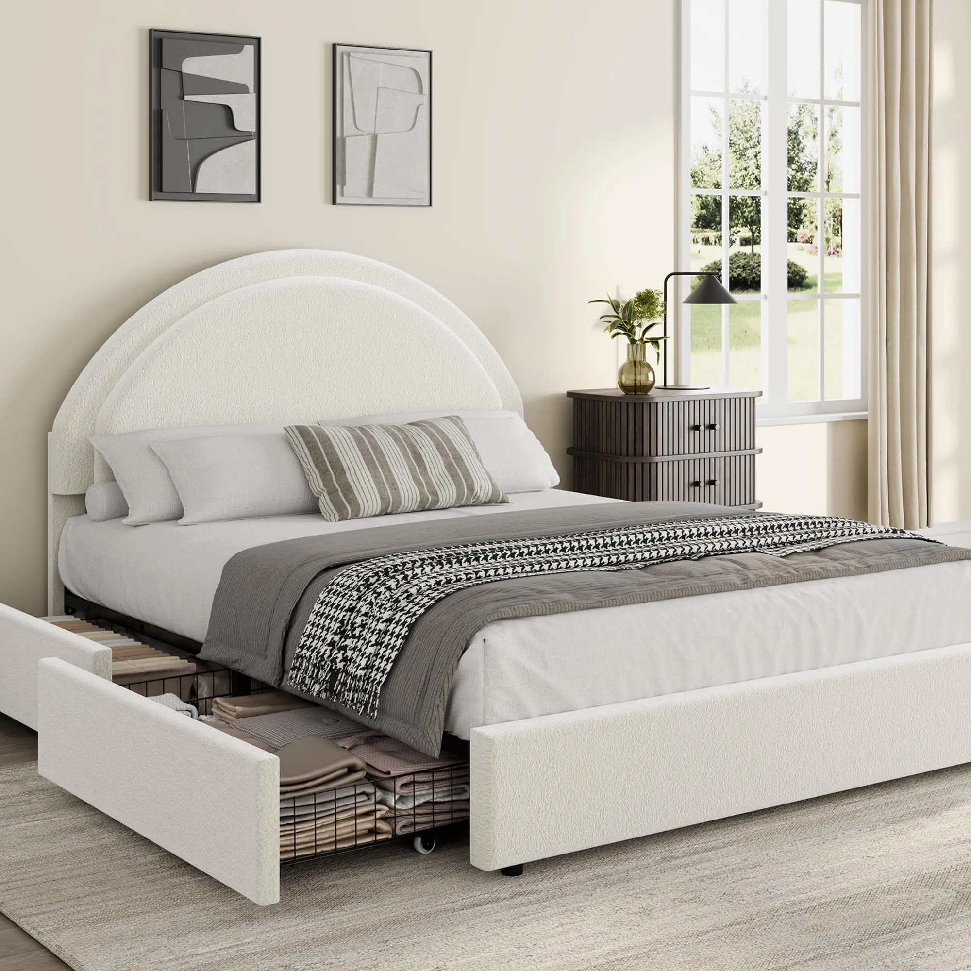 Modern Boucle Upholstered Queen Size Platform Bed Frame - 2 Flexible Storage Drawers - Sturdy MDF and Wooden Slats