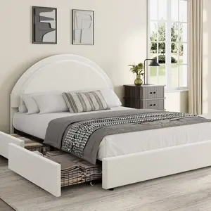 Modern Boucle Upholstered Queen Size Platform Bed Frame - 2 Flexible Storage Drawers - Sturdy MDF and Wooden Slats