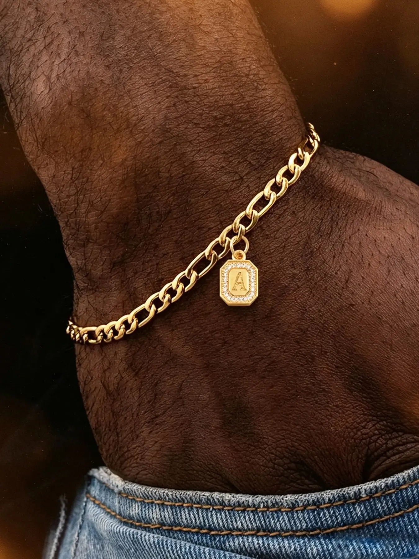 Men's Letter Pendant Bracelet, New Trendy Gold-Tone Stainless Steel Chain Bracelet with Pendant, Versatile and Exquisite Jewelry, Casual Trendy Jewelry, Birthday Gift for Men