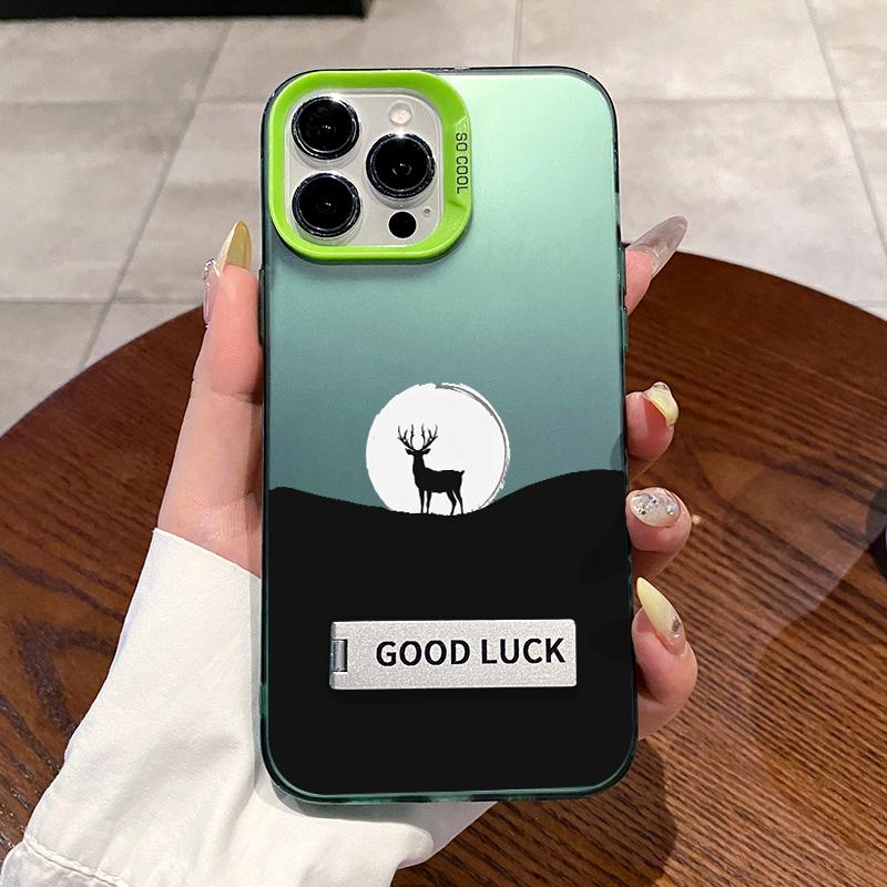Case for iPhone 16 Pro Max 15 Plus 14 13 12 11 XR E XS Moonlit Stag Pattern Bracket Shockproof Silicone PC Back Protective Smartphone Cover