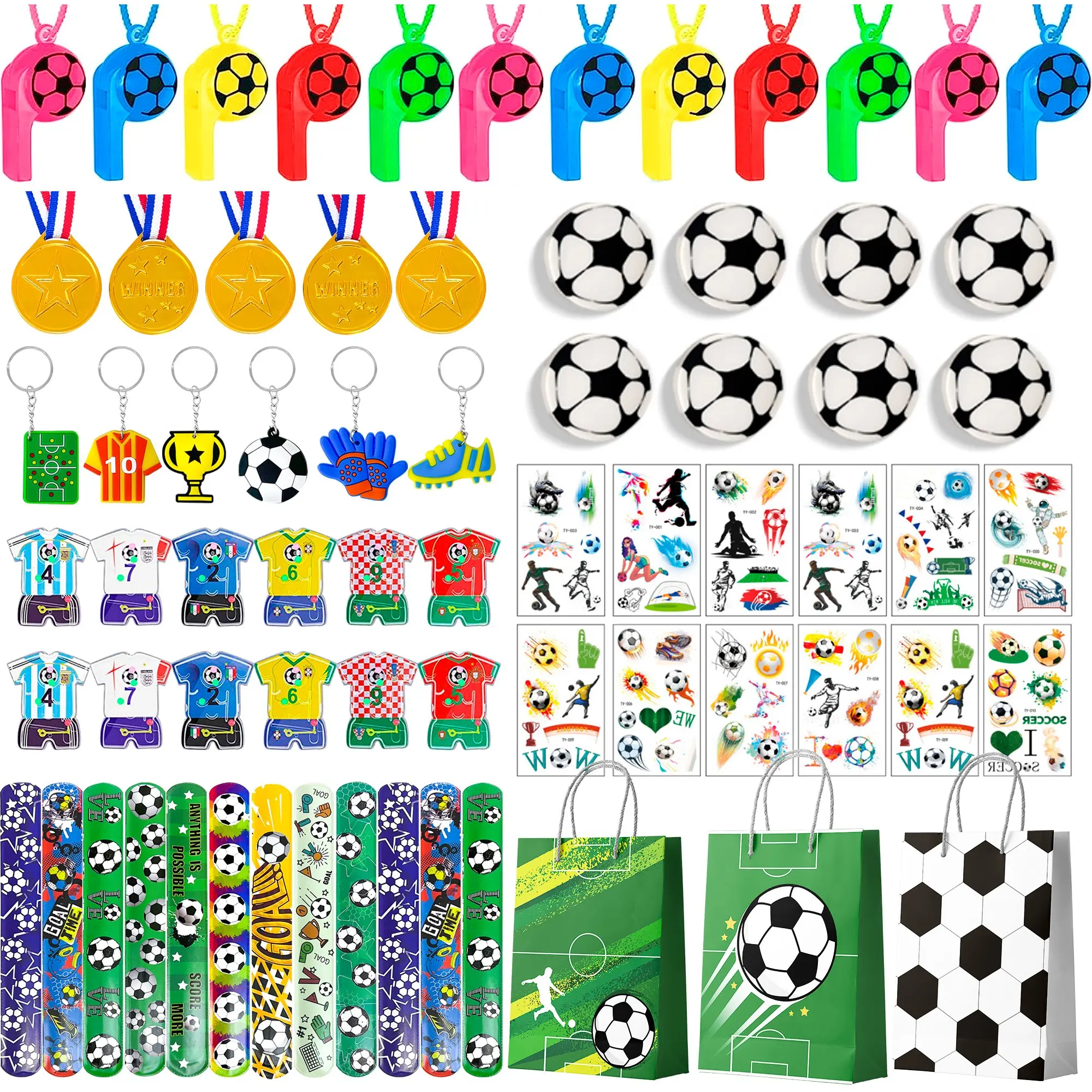 Football Party Gift Set, 96 Pieces Kids Football Party Supplies, Includes Bracelets, Stickers, Medals, Keychains, Whistles, Toys, Birthday Decorations