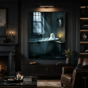 Wooden Frame Canvas Halloween Poster Decor, Ghost Wall Art for Living Room and Bedroom, Waterproof Printed Fabric Artwork, Modern Universal Decoration, Spooky Gothic Horror Vintage Autumn Home Decor