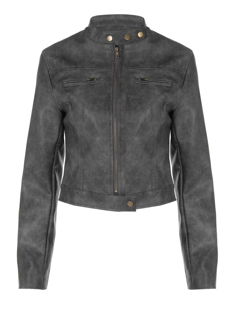 Women's Solid Button Mock Neck Zip Up PU Jacket, Fashion Casual Long Sleeve Outerwear for Daily Outdoor Wear, Women Clothing for Fall & Winter