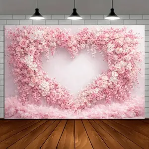 Heart Flower Wall Banner Backdrop Romantic Love Style Polyester Fiber Tapestry Wall Hanging Photography Background Valentine Wedding Party Home Studio Indoor Outdoor Celebration Durable Fabric