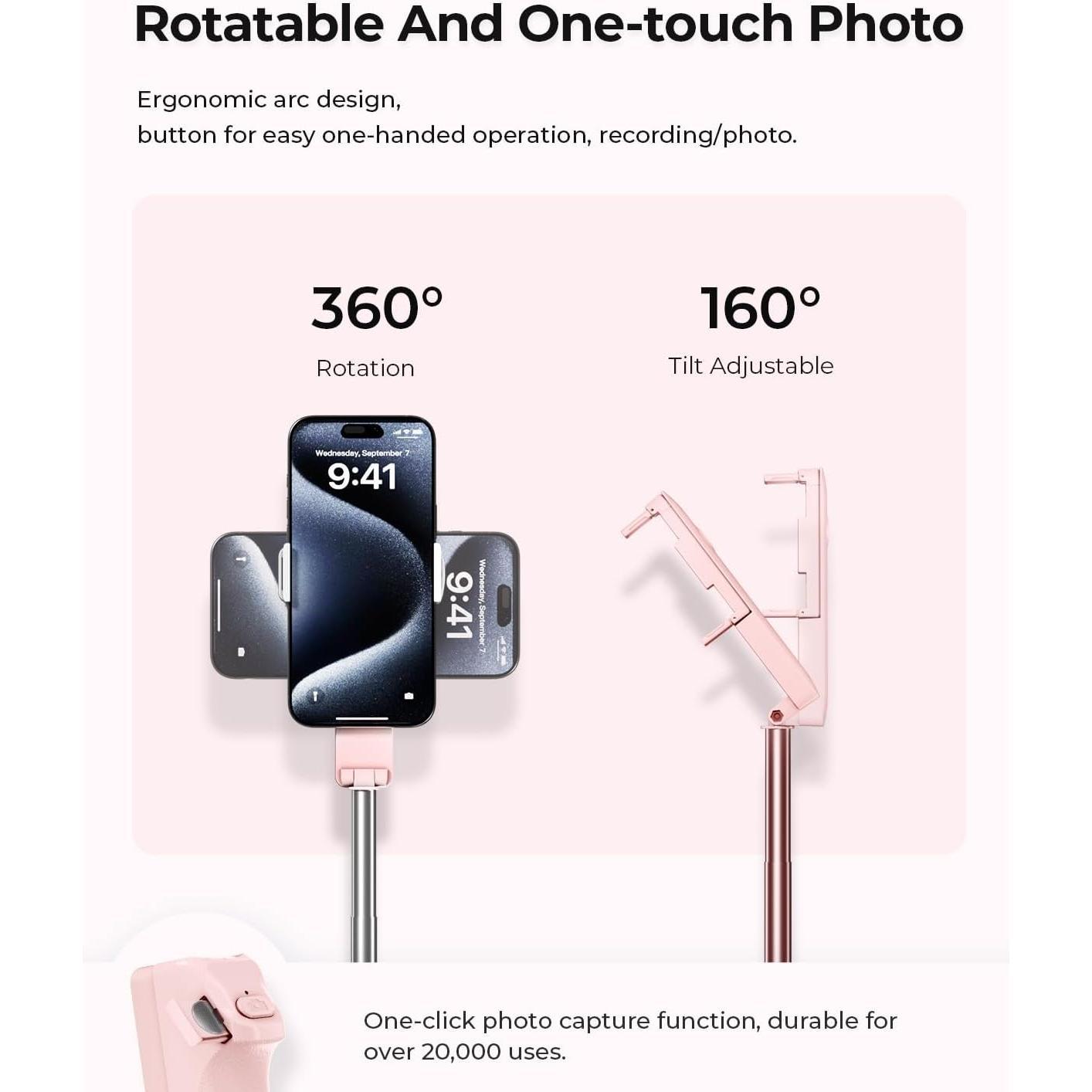 Selfie Stick for , Extended Portable Selfie Stick,  Remote, Adujustable, Compact Phone Holder for Photograph, Video Recording, Streaming ()
