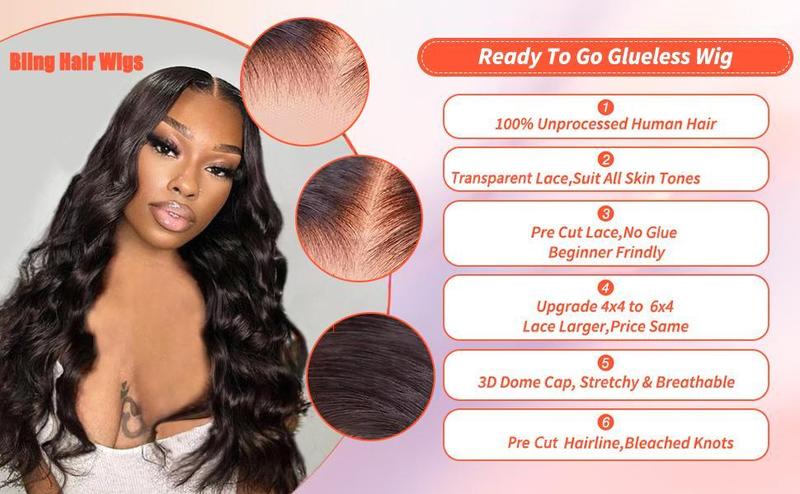 Bling Hair 6x4 5x5 HD Lace Easy Wear and Go Body Wave Glueless Human Hair Wigs Pre Plucked Pre Cut 7x5 9x6 Lace Closure Wigs for Beginners 180% Density Water Wave Lace Front Wigs for Black Women TikTokShopHolidayHaul
