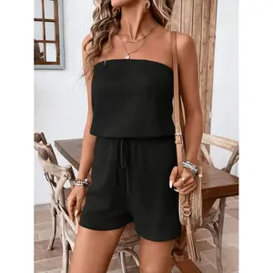 Strapless Tube Top Drawstring Waist Waffle Knit Romper Shorts