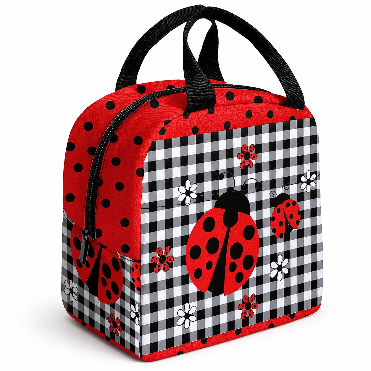Ladybug Print Lunch Bag, Red Black Gingham Insulated Lunch Tote with Zipper and Double Handles, Cute Reusable Meal Bag for School Work Picnic Travel
