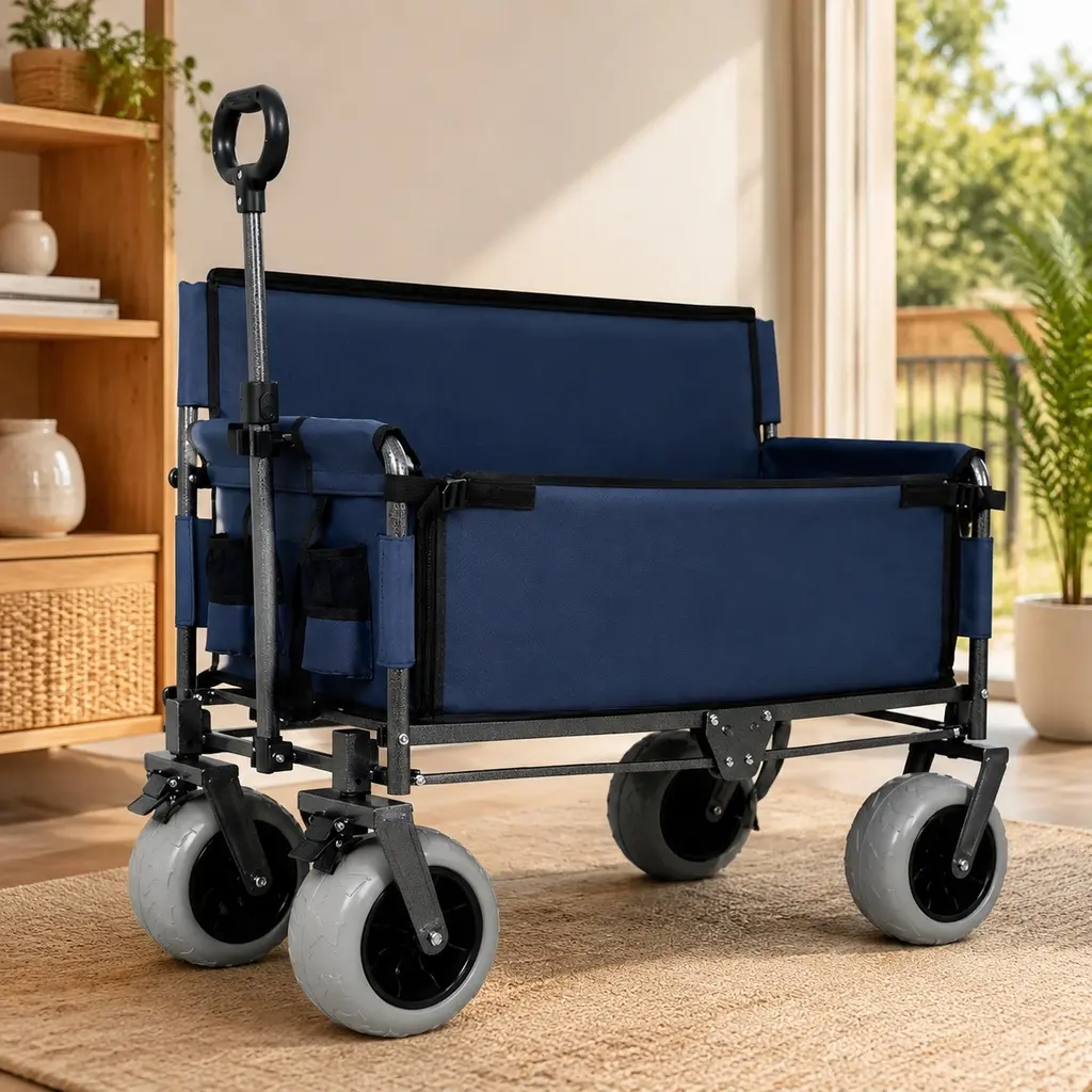 Heavy-Duty Collapsible Folding Wagon Cart - 3-in-1 Multifunctional Work Cart/Folding Trolley, 600D Oxford Fabric, Carbon Steel Frame, 500 lbs Capacity, 180L Cargo, 9x4in All-Terrain Wheels, Dark Blue for Beach Camping