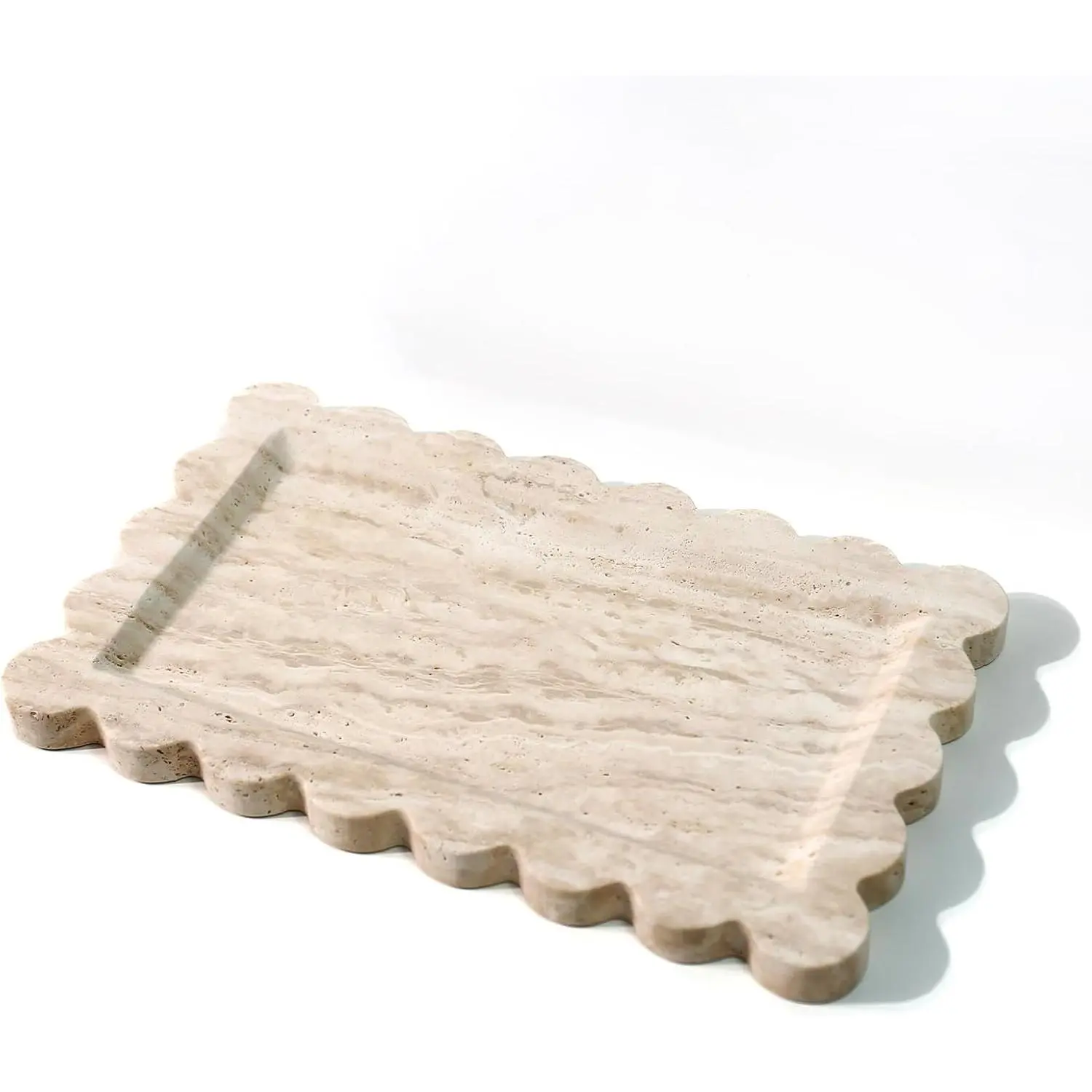 Natural 100% Marble Vanity Tray Luxury Scalloped Marble Storage Rectangle Italian Travertine Tray for Home Decor Stone Tray for Bathroom/Kitchen/Candle Key (Rectangle-11.8 * 7.4-Beige Travertine)