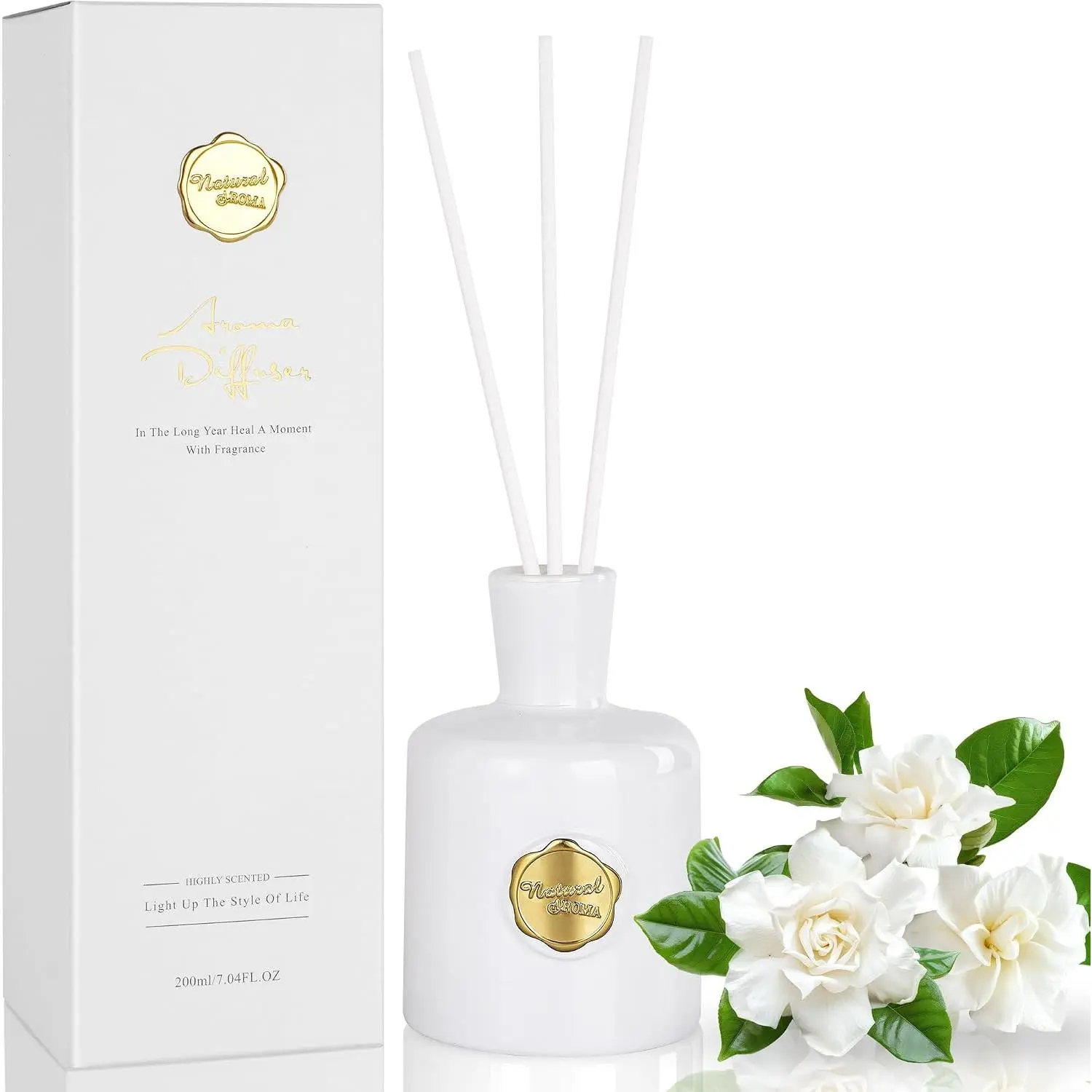 Reed Diffuser Set, 7.04 oz Creamy Gardenia Scent Diffuser with 5 Sticks, Long Lasting Air Freshener, Essential Oil Reed Diffuser,   for Office, Bathroom Shelf Decor, White