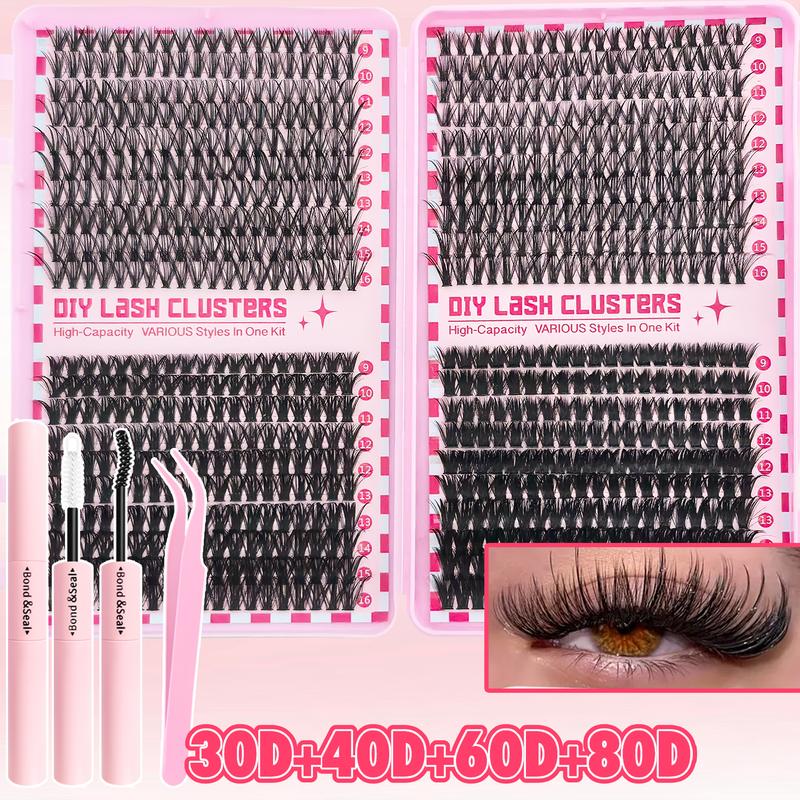 800/740/200pcs Eyelash Extension Kit, Fluffy Lash Extension Set with Lash Bond & Seal, Lash Tweezers and Thick Lash Clusters, Wispy Individual D-Curl Lashes with Eyelash Glue & Tweezers (30D/40D/50D/60D/80D/100D Mixed, 9-16mm)