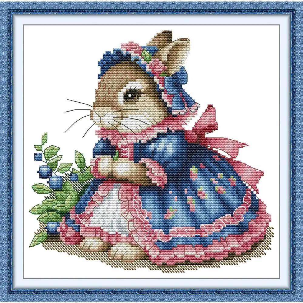 Pre-Printed News Cross Stitch Kit - Stamped Aida Fabric, DMC Threads, Synthetic Bunny & Chipmunk Portraits, Blueprint-1, 12.6×11.42in/15.75×13.78in Easy DIY Needlework Handcraft Kit for Gifts, Decorations, Handcrafting
