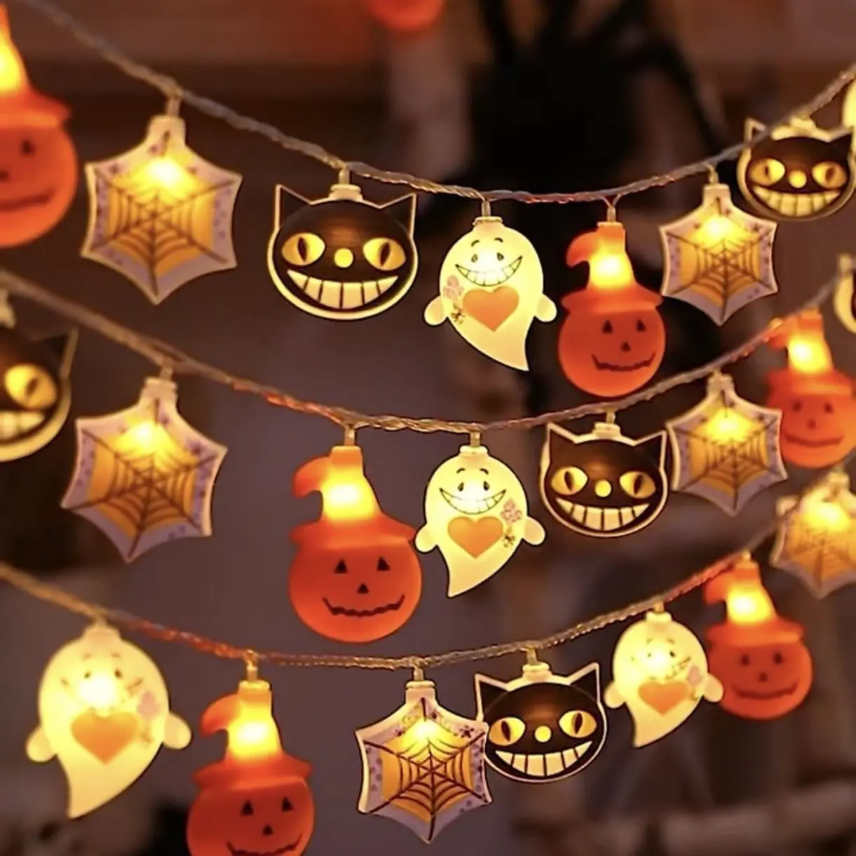 Halloween LED String Lights, Pumpkin Ghost Spider Design, Glowing Atmosphere Decor, Battery Powered, Indoor Outdoor Party Setup