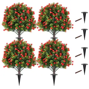 Set of 4 Artificial Boxwood Topiary Ball Trees with Red Flowers,  24" UV Resistant Fake Shrubs with Ground Spikes for Indoor Outdoor Garden Porch Decor