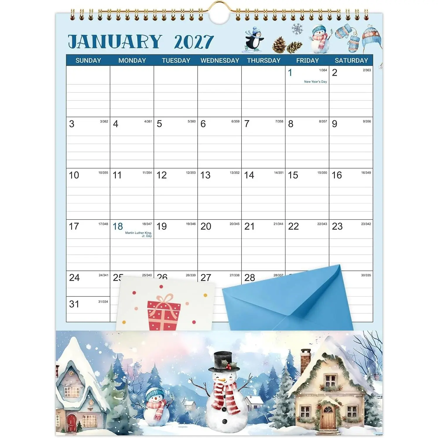2027 Wall Calendar with Pockets - 11.4" x 14.5", 12 Months Jan. 2027 - Dec. 2027, Vertical Hanging Loop Calendar for Home & Office