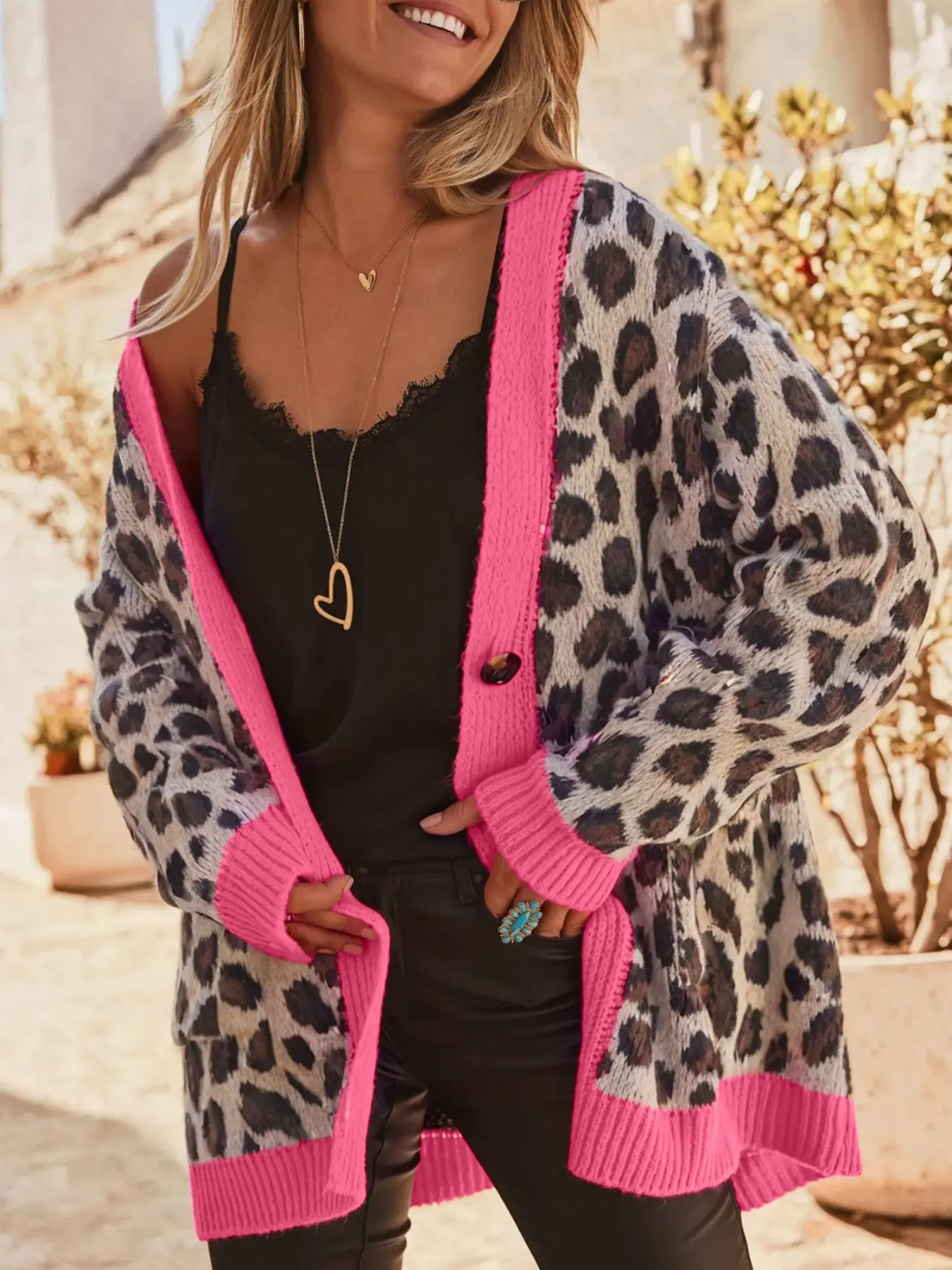 Autumn Winter Fashion Loose Fit Colorblock Trim Button Leopard Print Knit Cardigan, Color Block Knitwear, Stylish Women's Outerwear for Cool Weather