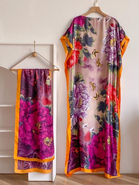 Women's Fashion Print Long Robe Set, Moomoo Dress + Scarf Headband, Casual Woven Fabric, Thin All-Season Wear, Beach Sun Protection